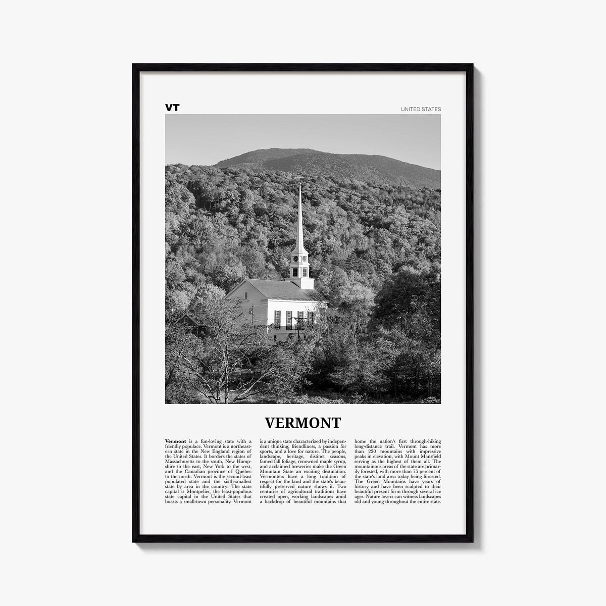 Vermont no. 2 black & white newspaper poster of United States – vertical wall art, unframed print shown in interior mockup