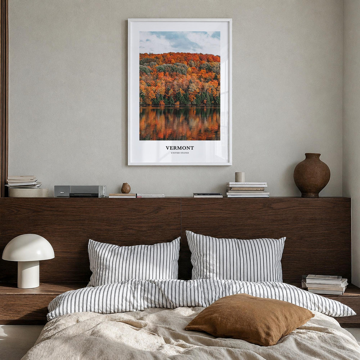 Vermont no. 3 colorful classic poster of United States – vertical wall art in white wood frame, hanging on wall