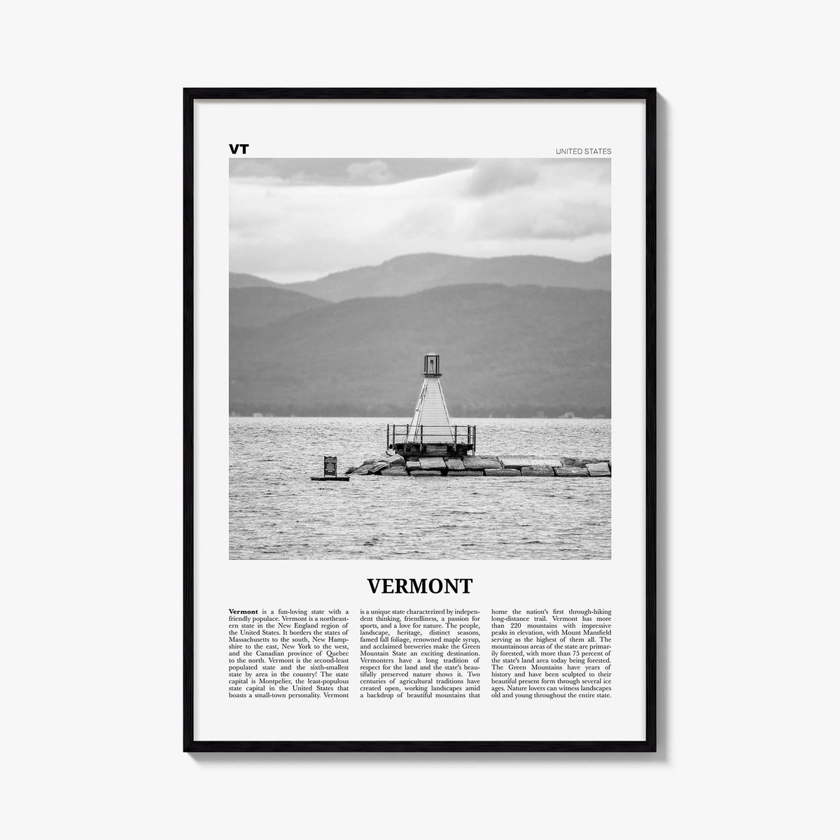 Vermont no. 4 black & white newspaper poster of United States – vertical wall art, unframed print shown in interior mockup