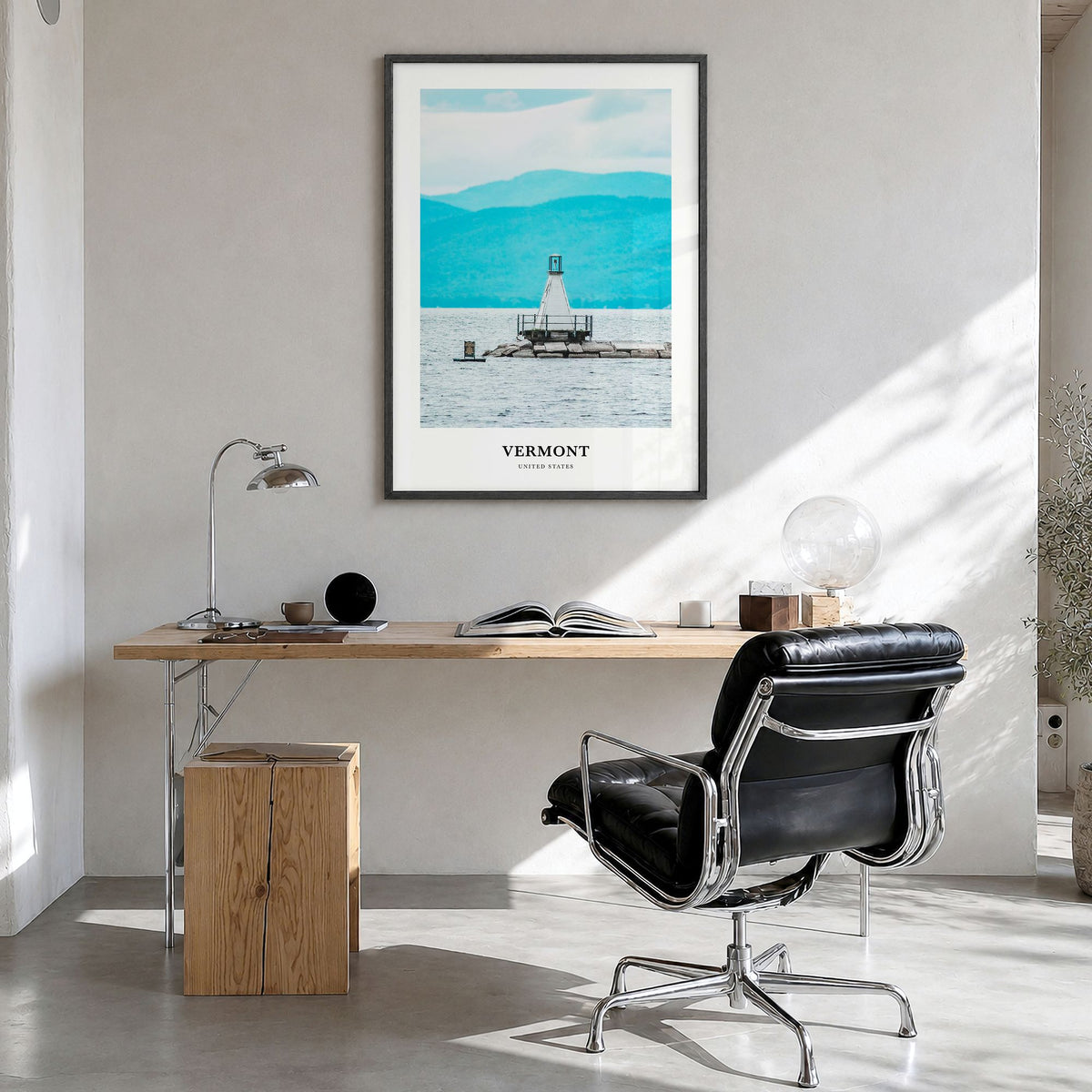 Vermont Classic No 4 Poster in a black wood frame, hanging in a bright home office