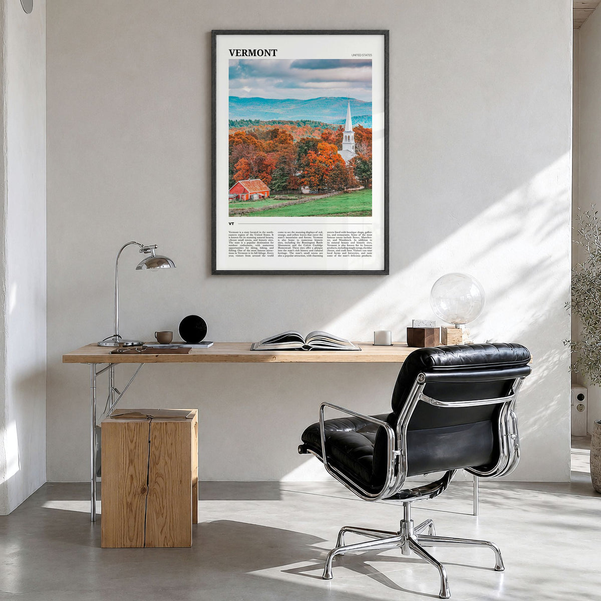 Vermont Travel No 1 Poster in a black wood frame, hanging in a bright home office