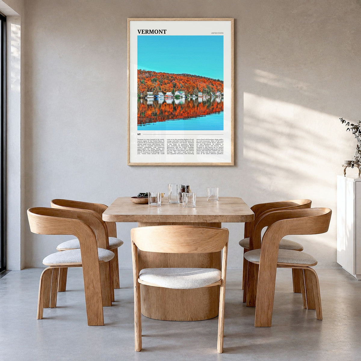 Vermont Travel No 2 Poster in a natural wood frame, hanging in a dining room