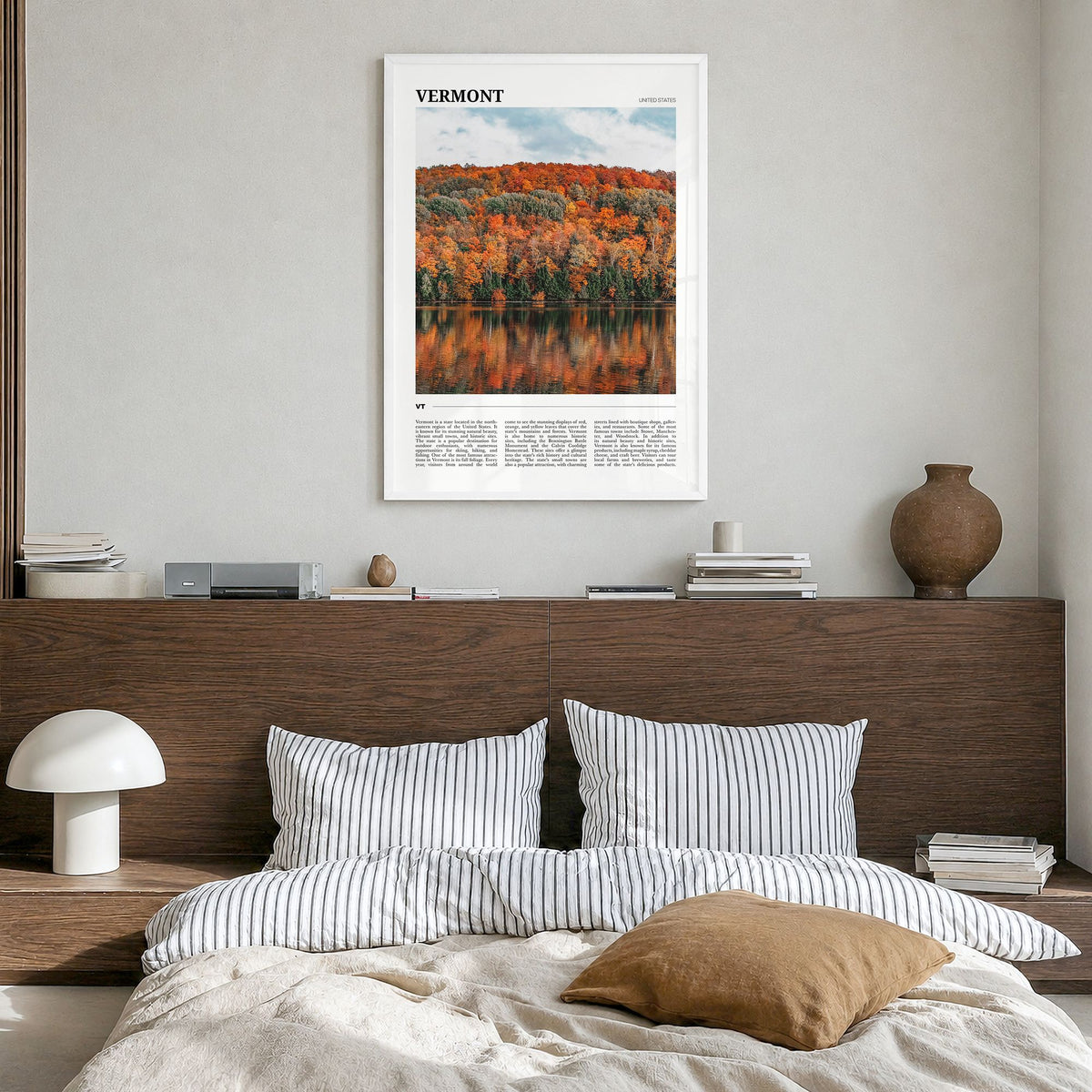 Vermont Travel No 3 Poster in a white wood frame, hanging in a bedroom