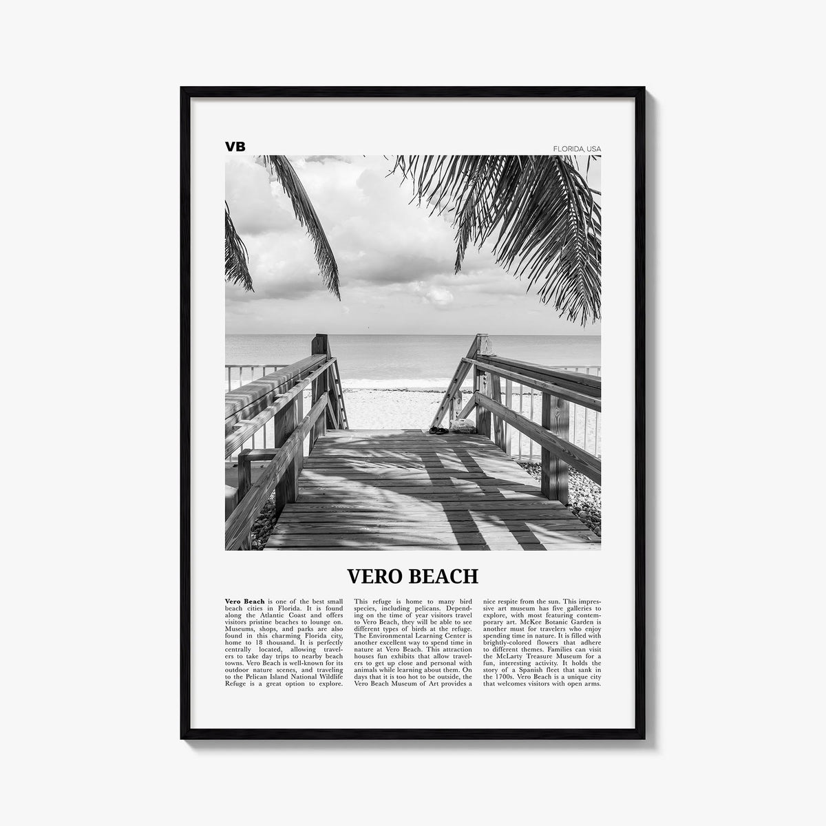 Vero Beach black & white newspaper poster of Florida, USA – vertical wall art, unframed print shown in interior mockup