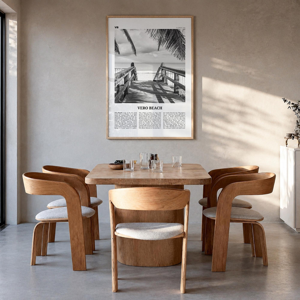 Vero Beach black & white newspaper poster of Florida, USA – vertical wall art in natural wood frame, hanging on wall