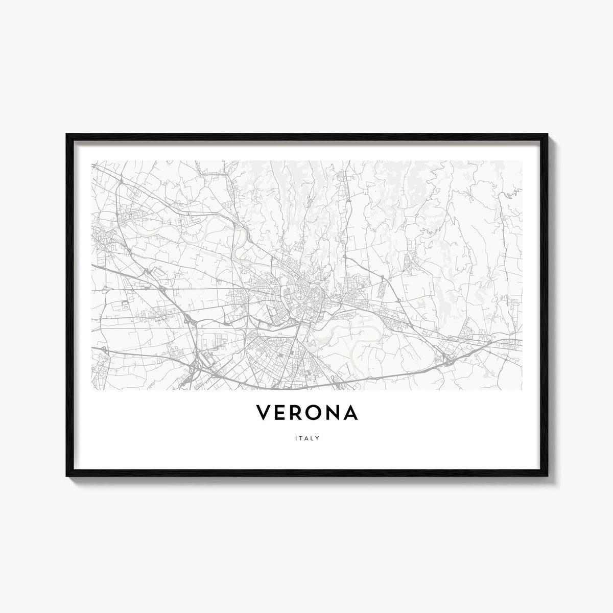 Verona black & white map poster of Italy – horizontal wall art, unframed print shown in interior mockup