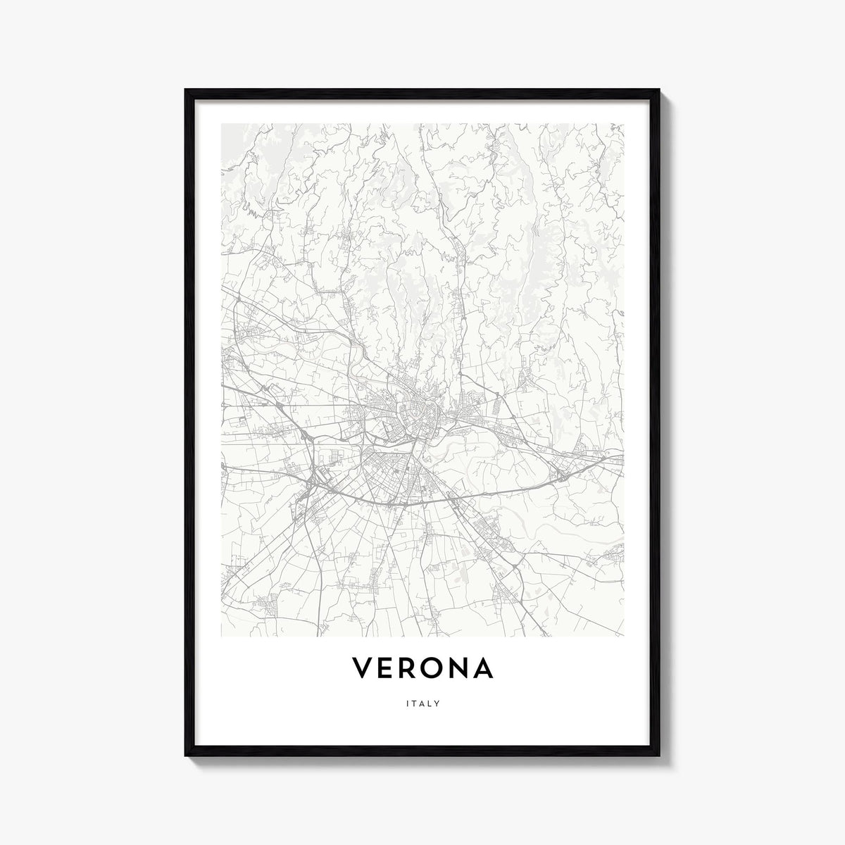 Verona black & white map poster of Italy – vertical wall art, unframed print shown in interior mockup