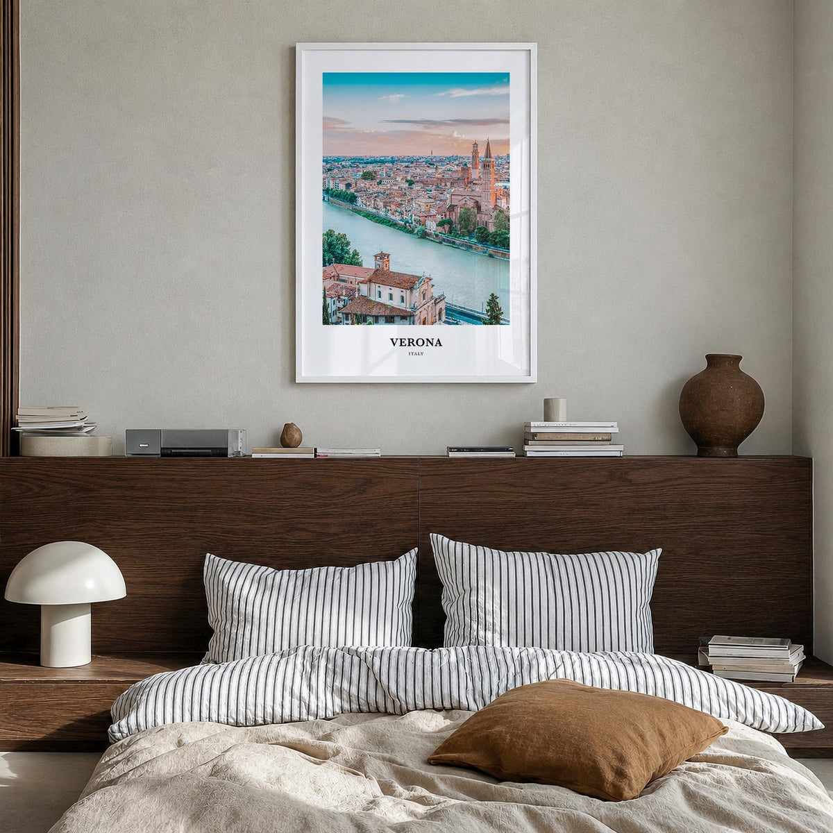 Verona colorful classic poster of Italy – vertical wall art in white wood frame, hanging on wall