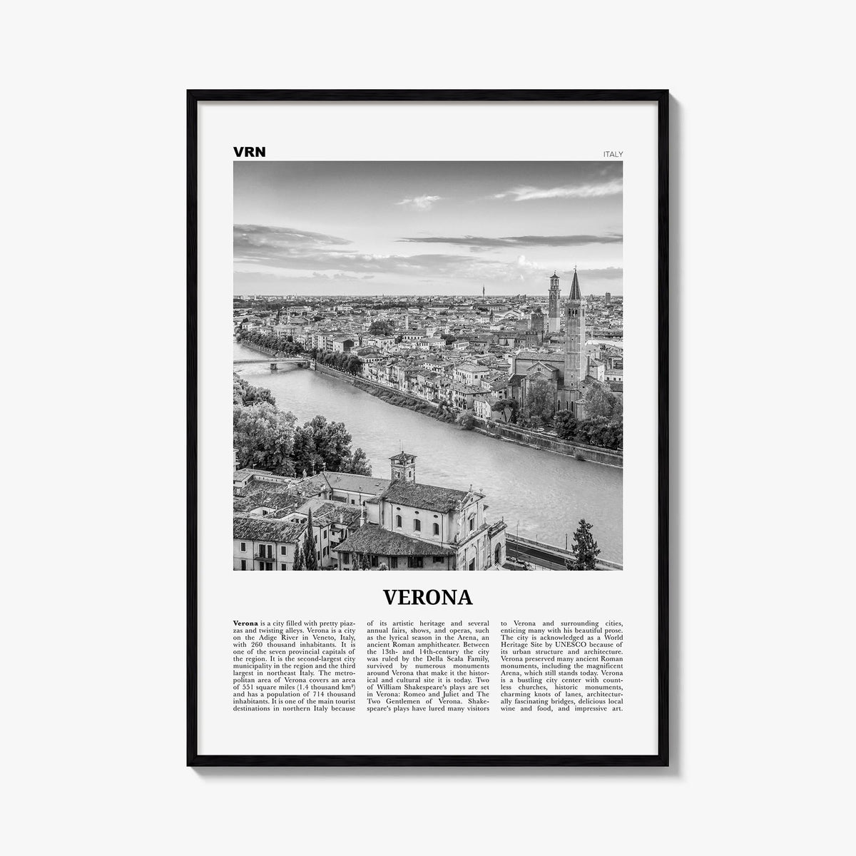 Verona no. 1 black & white newspaper poster of Italy – vertical wall art, unframed print shown in interior mockup
