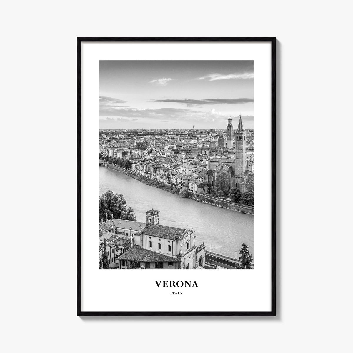Verona no. 2 black & white classic poster of Italy – vertical wall art, unframed print shown in interior mockup