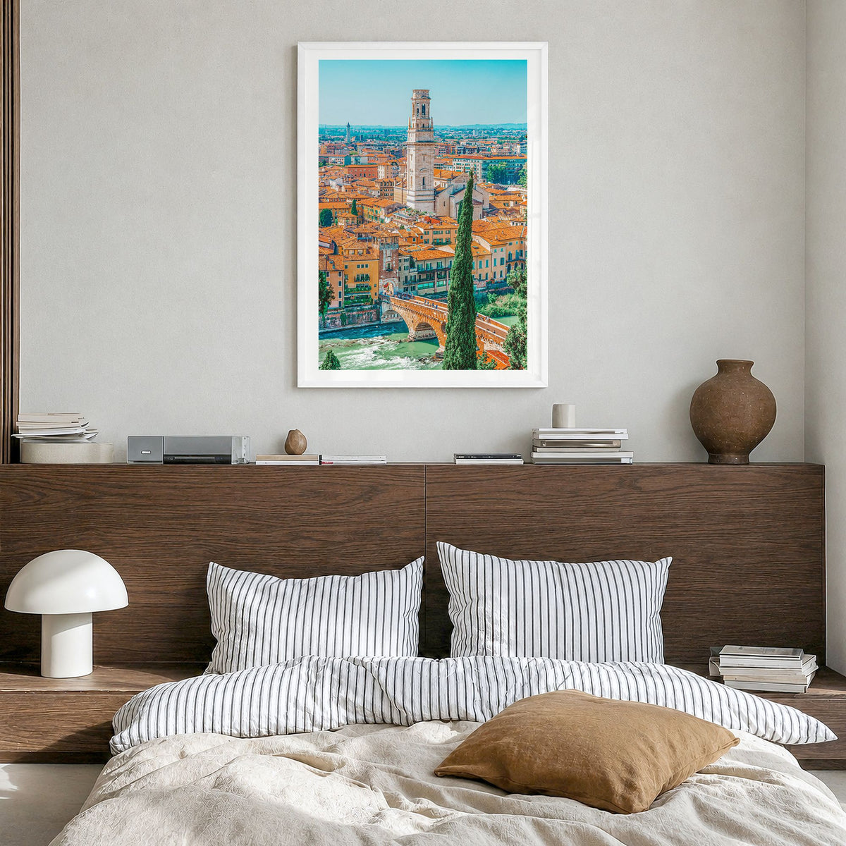 Verona Photo Poster in a white wood frame, hanging in a bedroom, white border