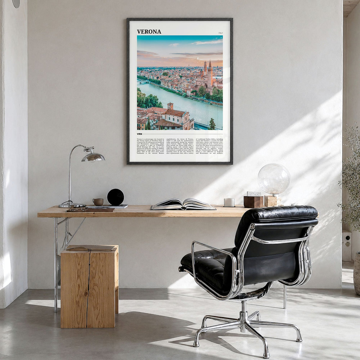 Verona Travel Poster in a black wood frame, hanging in a bright home office