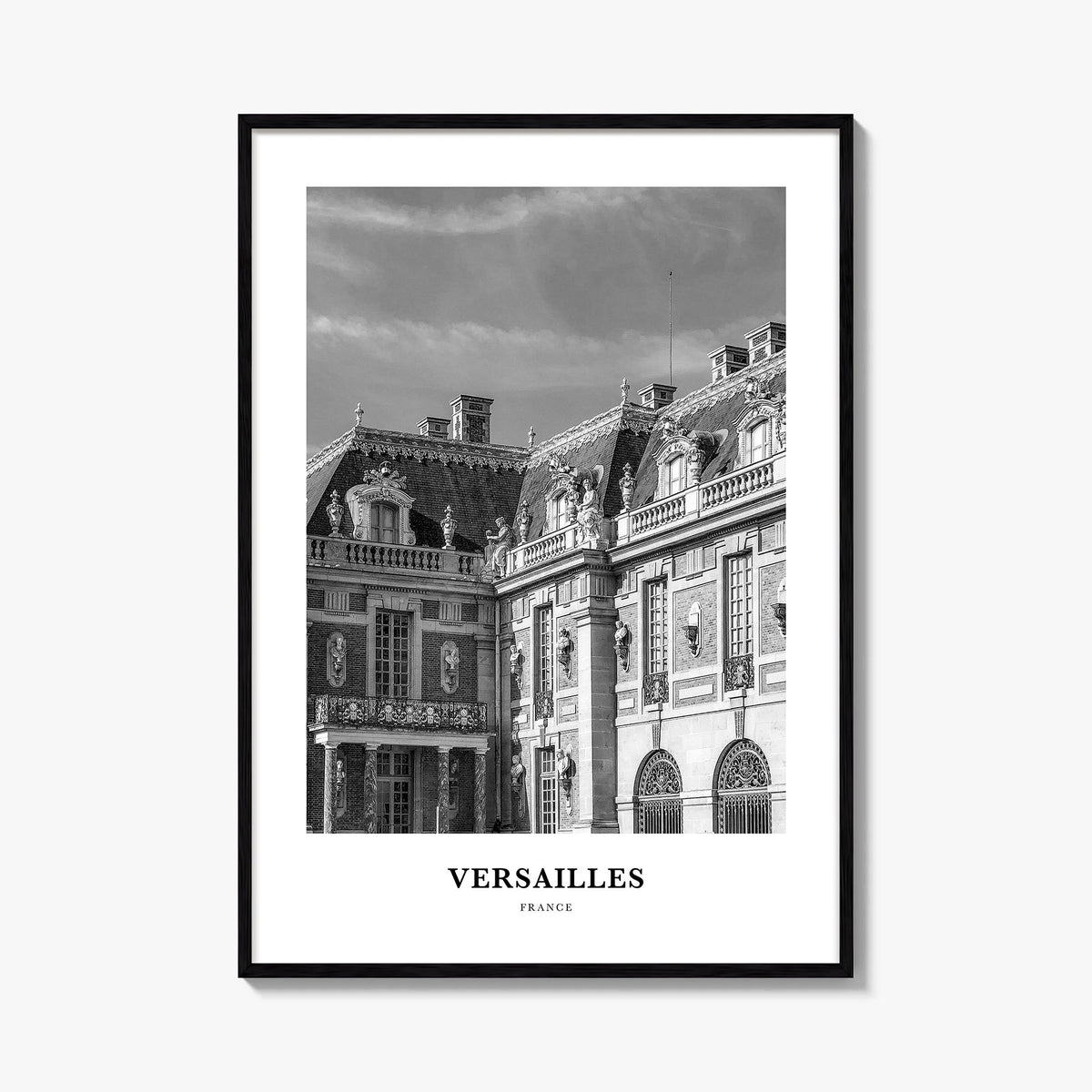 Versailles black & white classic poster of France – vertical wall art, unframed print shown in interior mockup