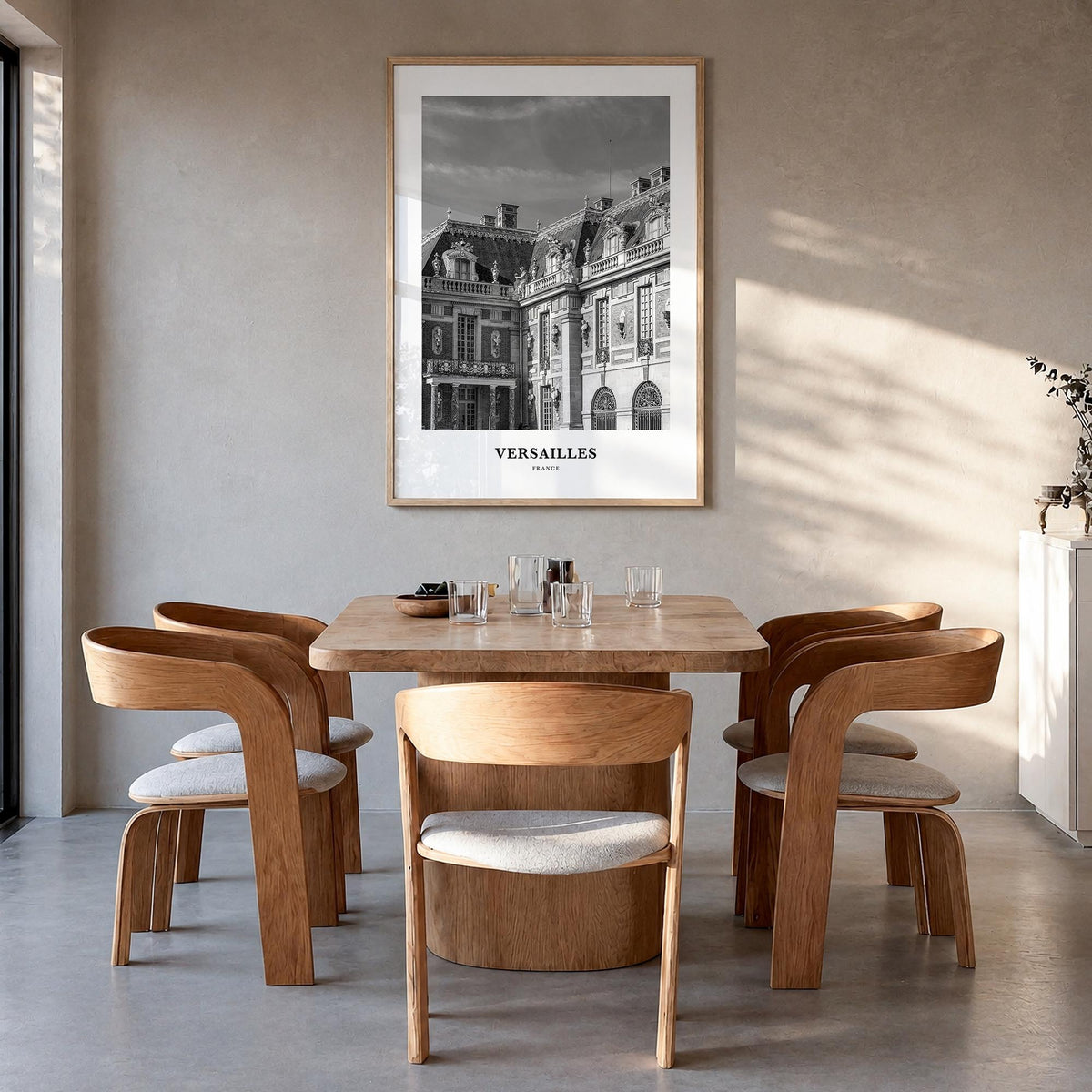 Versailles black & white classic poster of France – vertical wall art in natural wood frame, hanging on wall