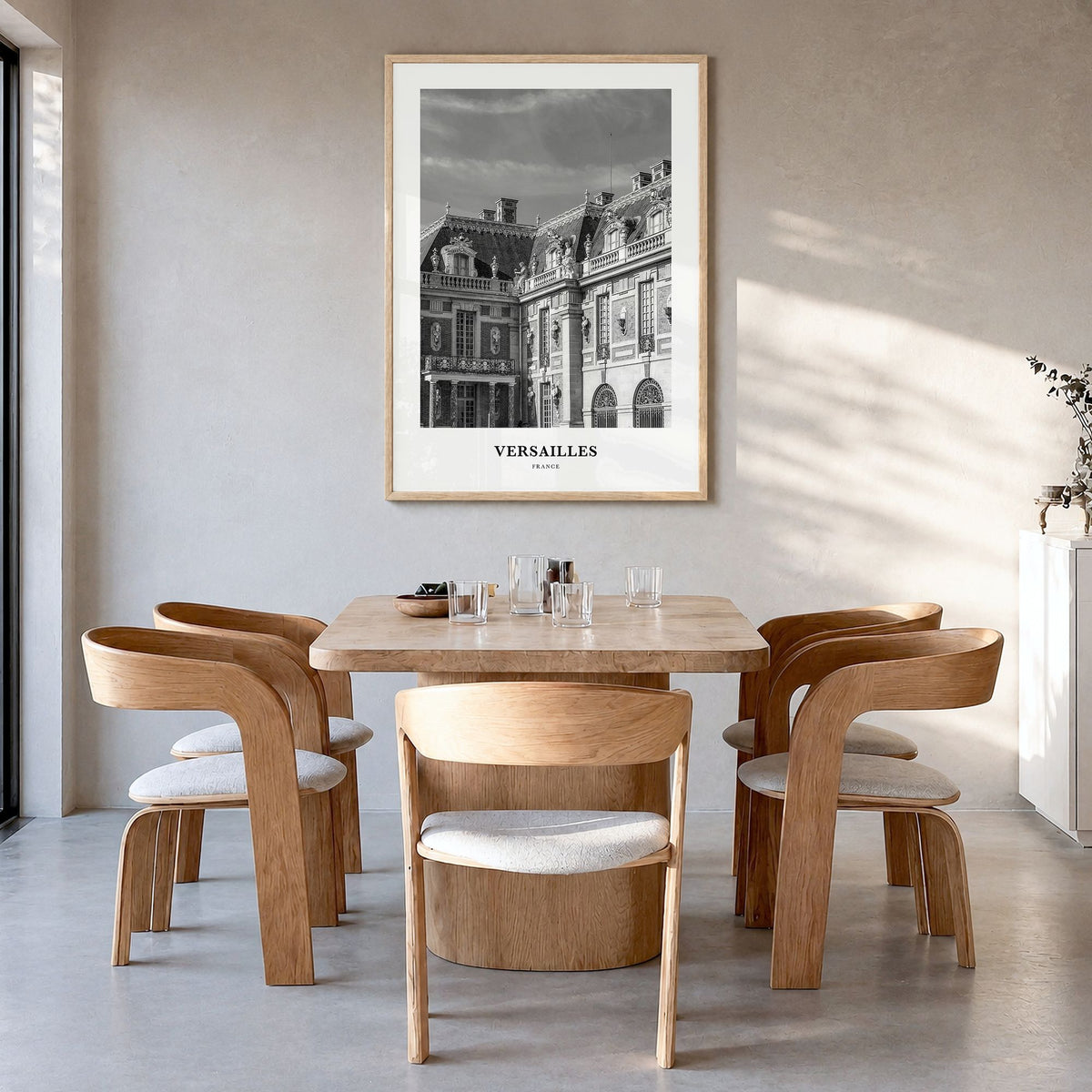 Versailles Classic Poster in a natural wood frame, hanging in a dining room