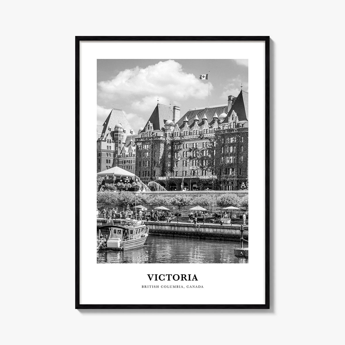Victoria, Canada black & white classic poster of Canada – vertical wall art, unframed print shown in interior mockup