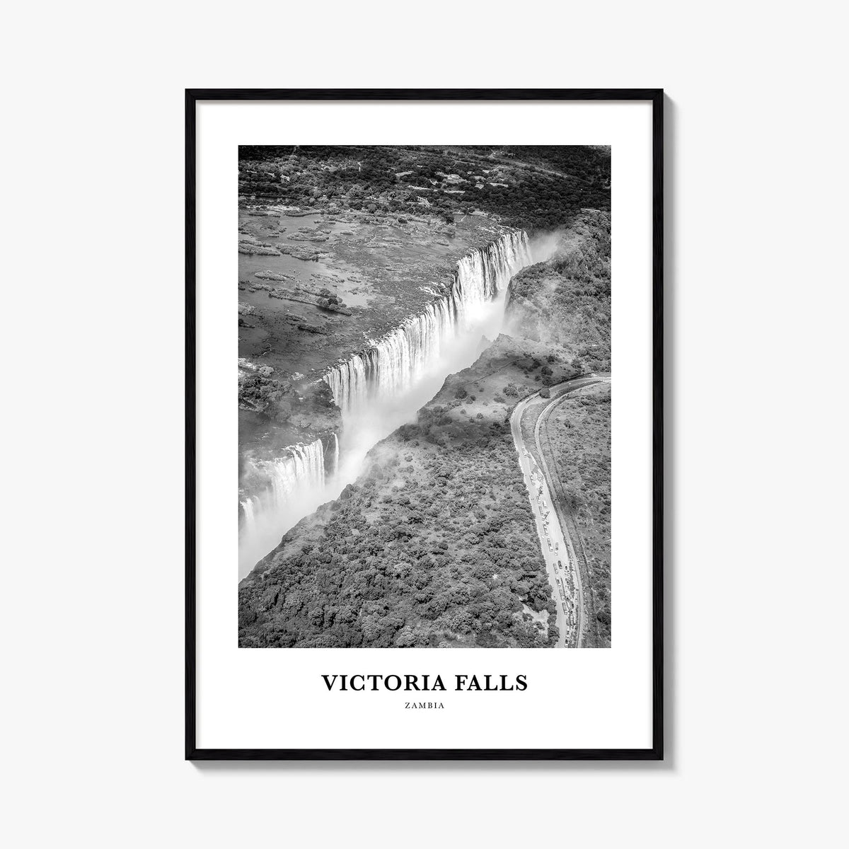 Victoria Falls black & white classic poster of Zambia & Zimbabwe – vertical wall art, unframed print shown in interior mockup