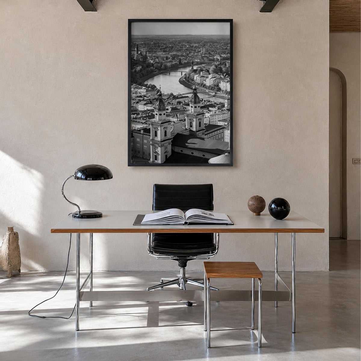 Vienna black & white photo poster of Austria – vertical wall art in black wood frame, hanging on wall
