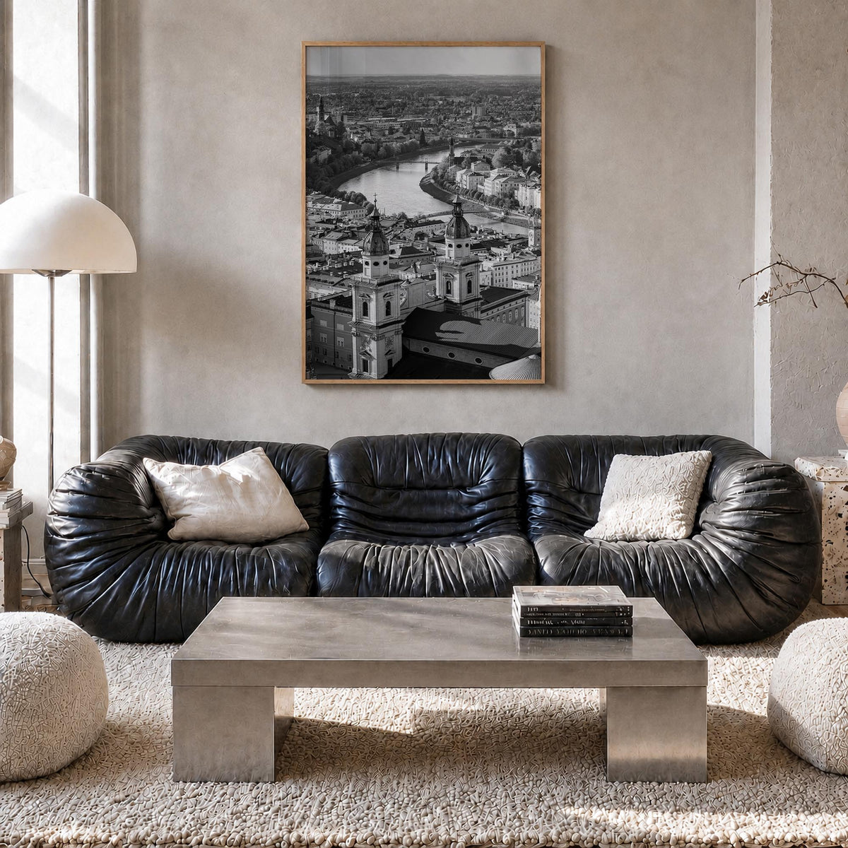 Vienna black & white photo poster of Austria – vertical wall art in natural wood frame, hanging on wall