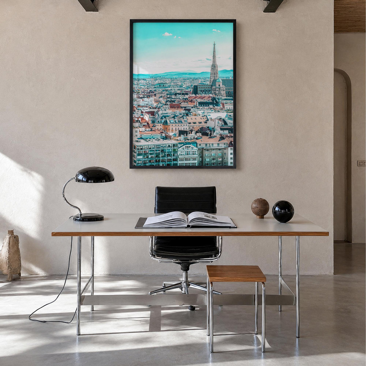 Vienna colorful photo poster of Austria – vertical wall art in black wood frame, hanging on wall
