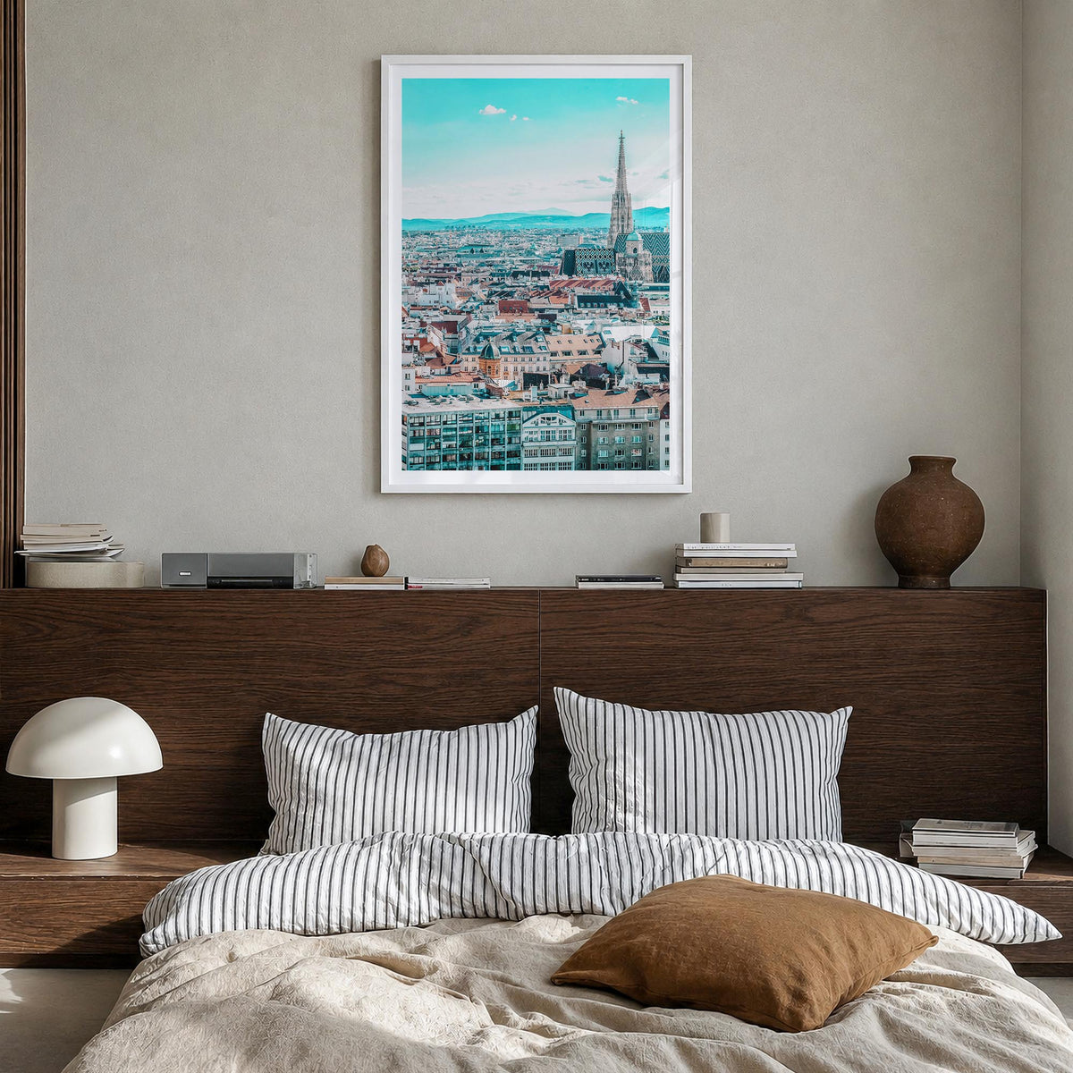 Vienna colorful photo poster of Austria – vertical wall art in white wood frame with white border, hanging on wall