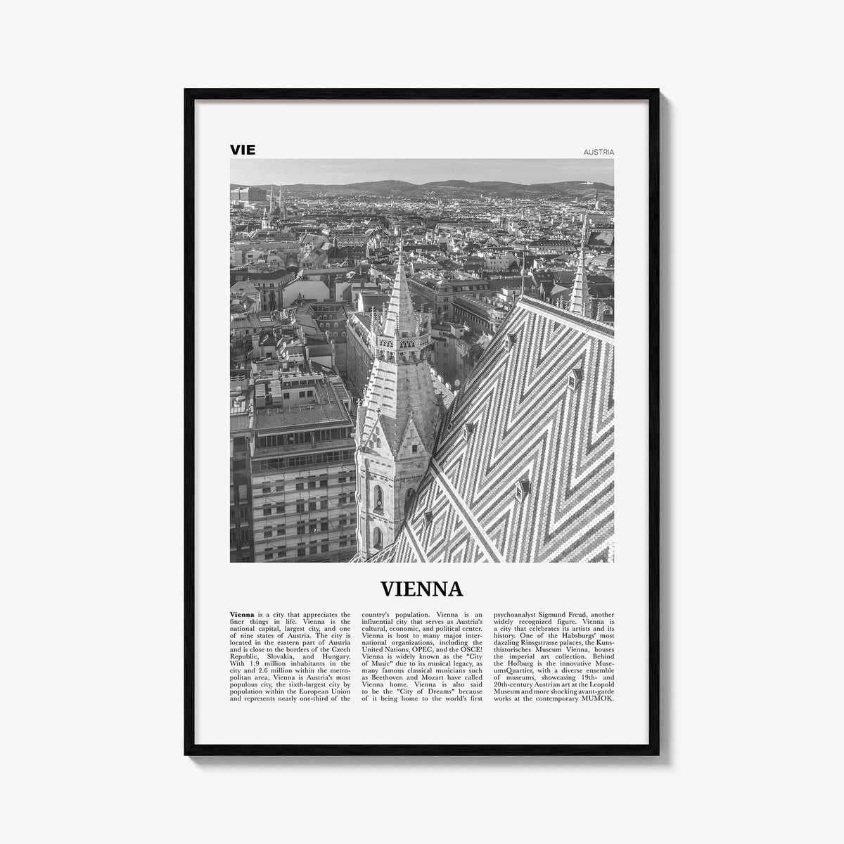 Vienna no. 3 black & white newspaper poster of Austria – vertical wall art, unframed print shown in interior mockup