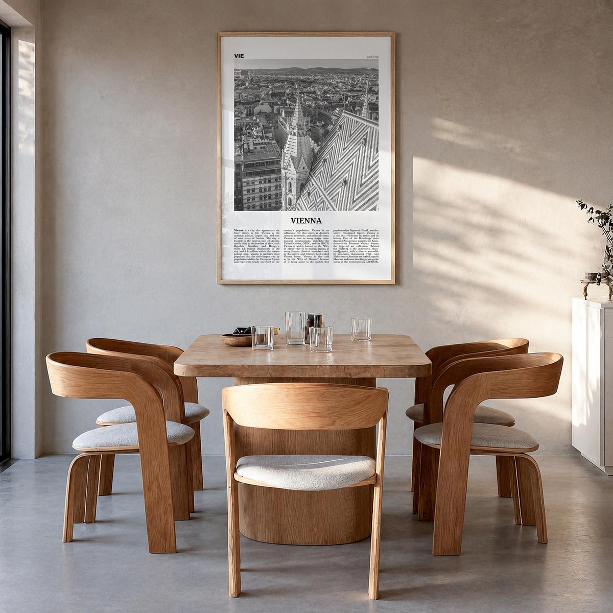 Vienna no. 3 black & white newspaper poster of Austria – vertical wall art in natural wood frame, hanging on wall