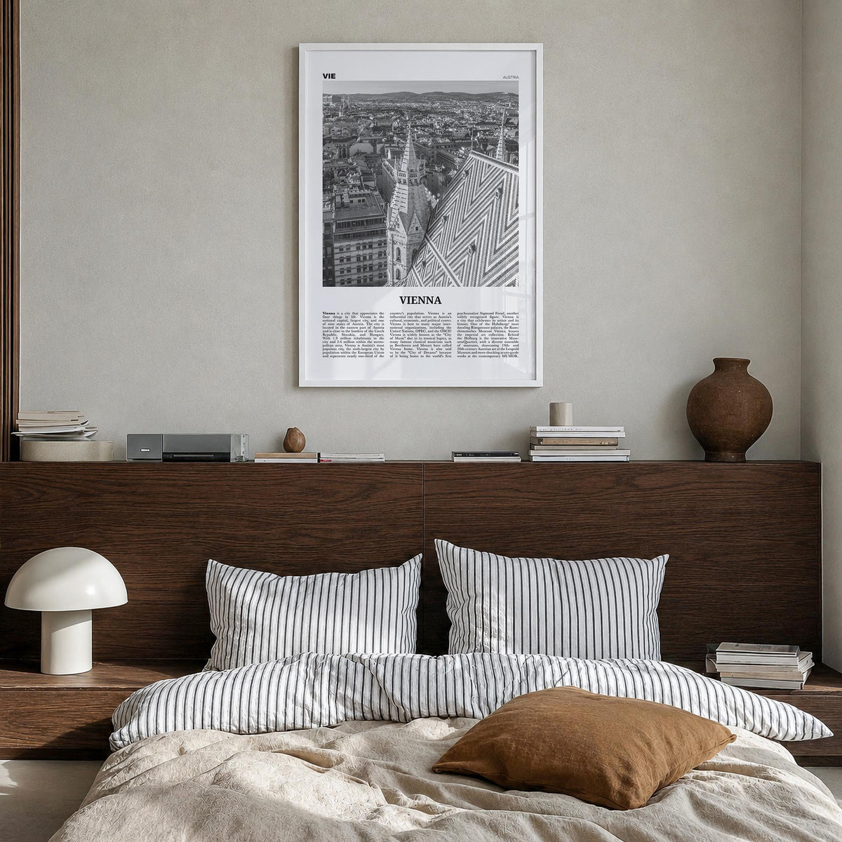 Vienna no. 3 black & white newspaper poster of Austria – vertical wall art in white wood frame, hanging on wall