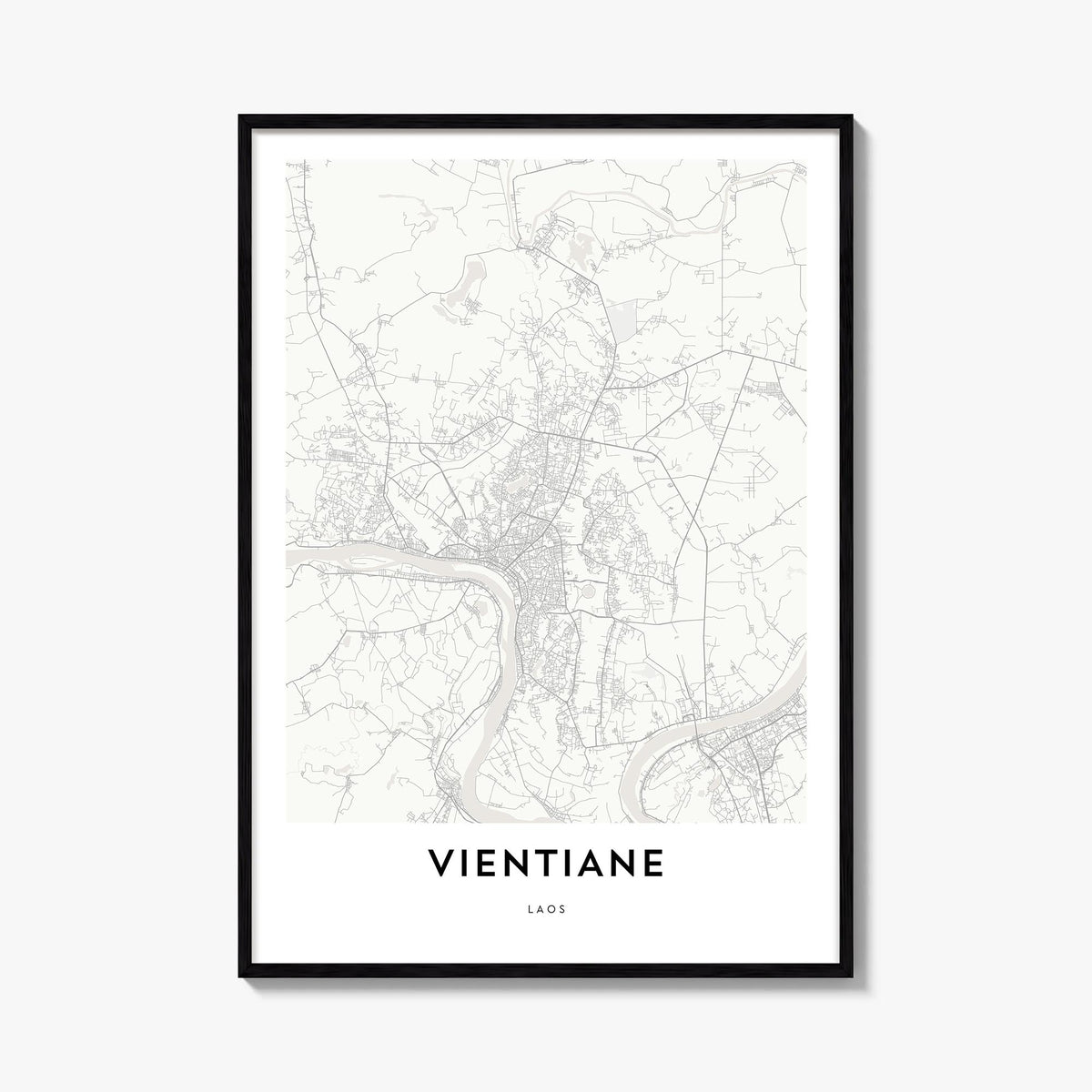 Vientiane black & white map poster of Laos – vertical wall art, unframed print shown in interior mockup