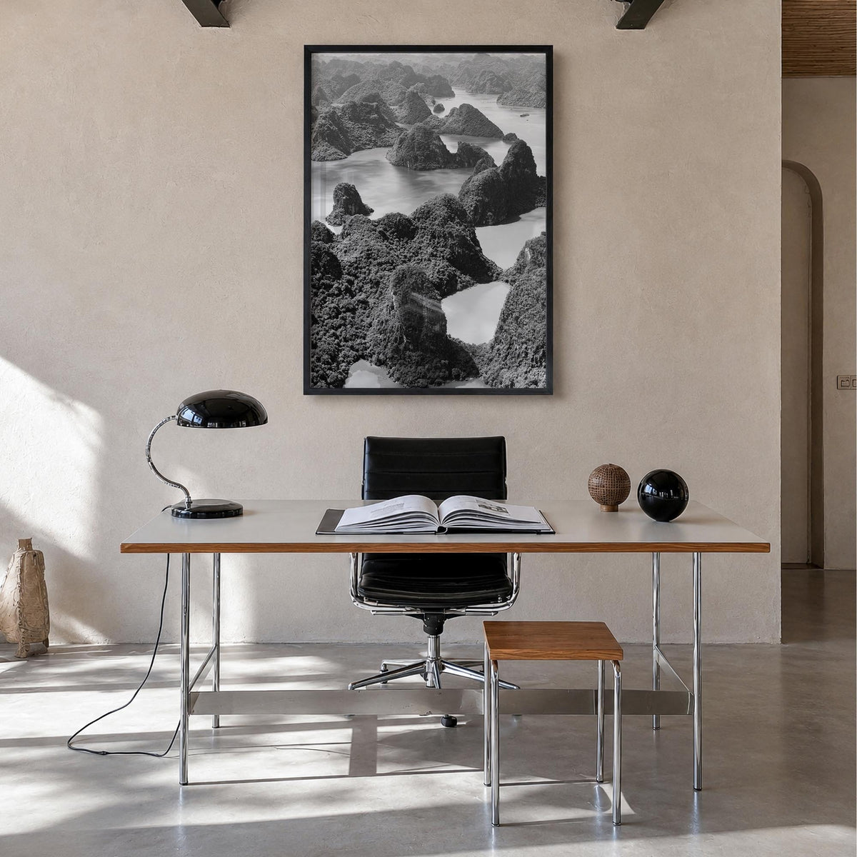 Vietnam black & white photo poster of Asia – vertical wall art in black wood frame, hanging on wall