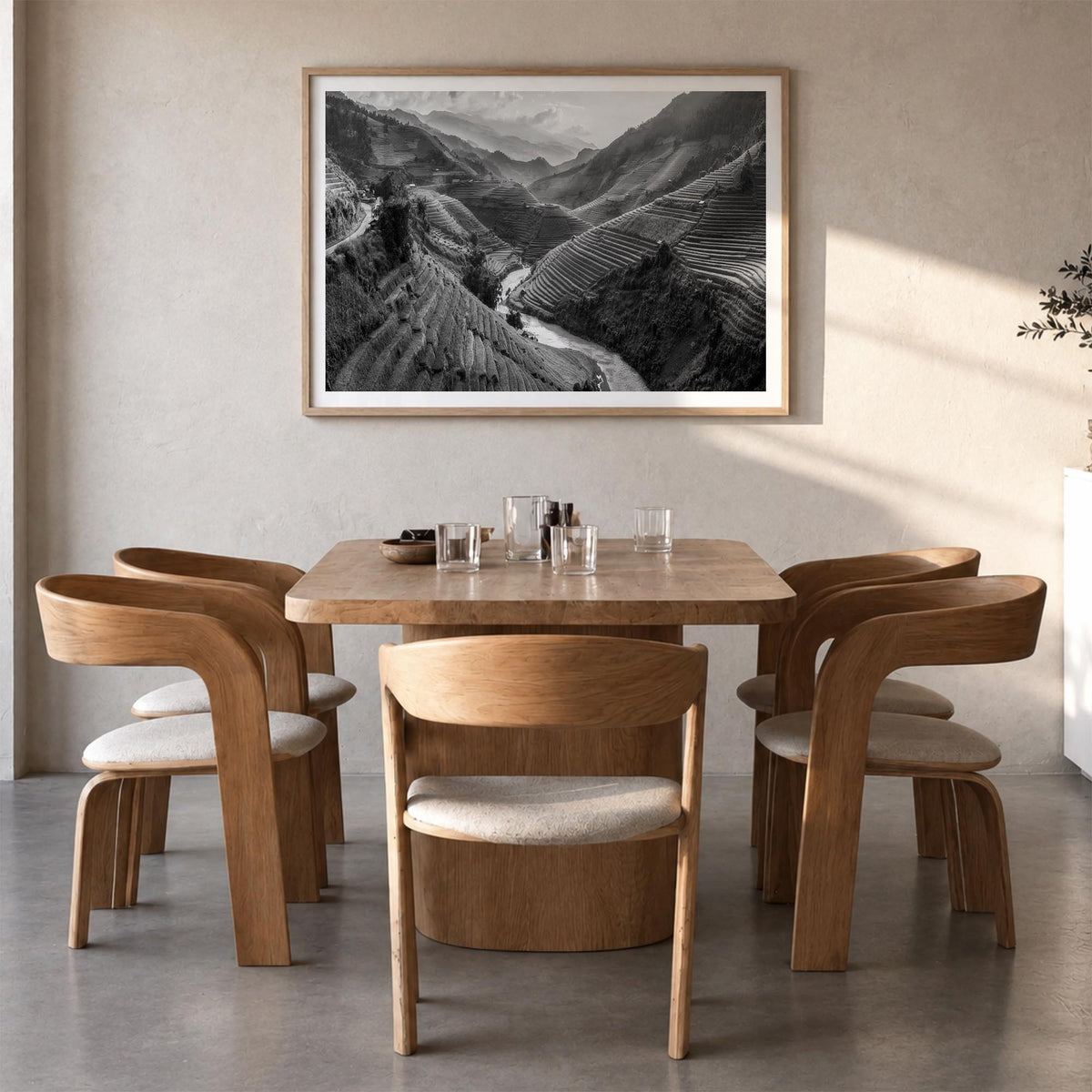 Vietnam black & white photo poster of Asia – horizontal wall art in natural wood frame with white border, hanging on wall