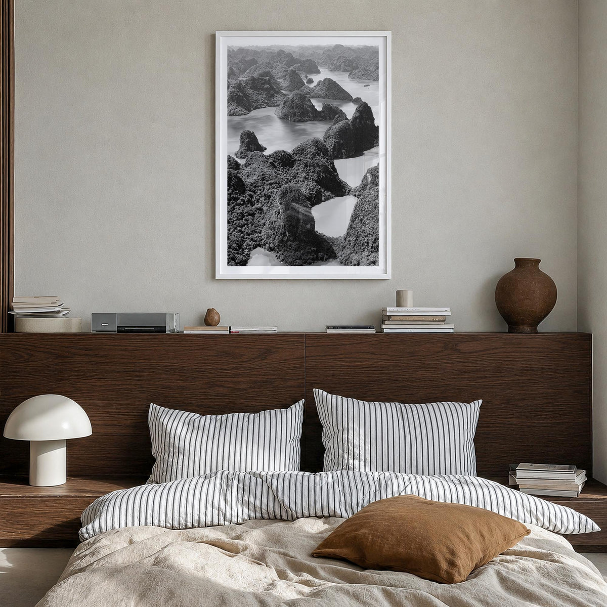 Vietnam black & white photo poster of Asia – vertical wall art in white wood frame with white border, hanging on wall