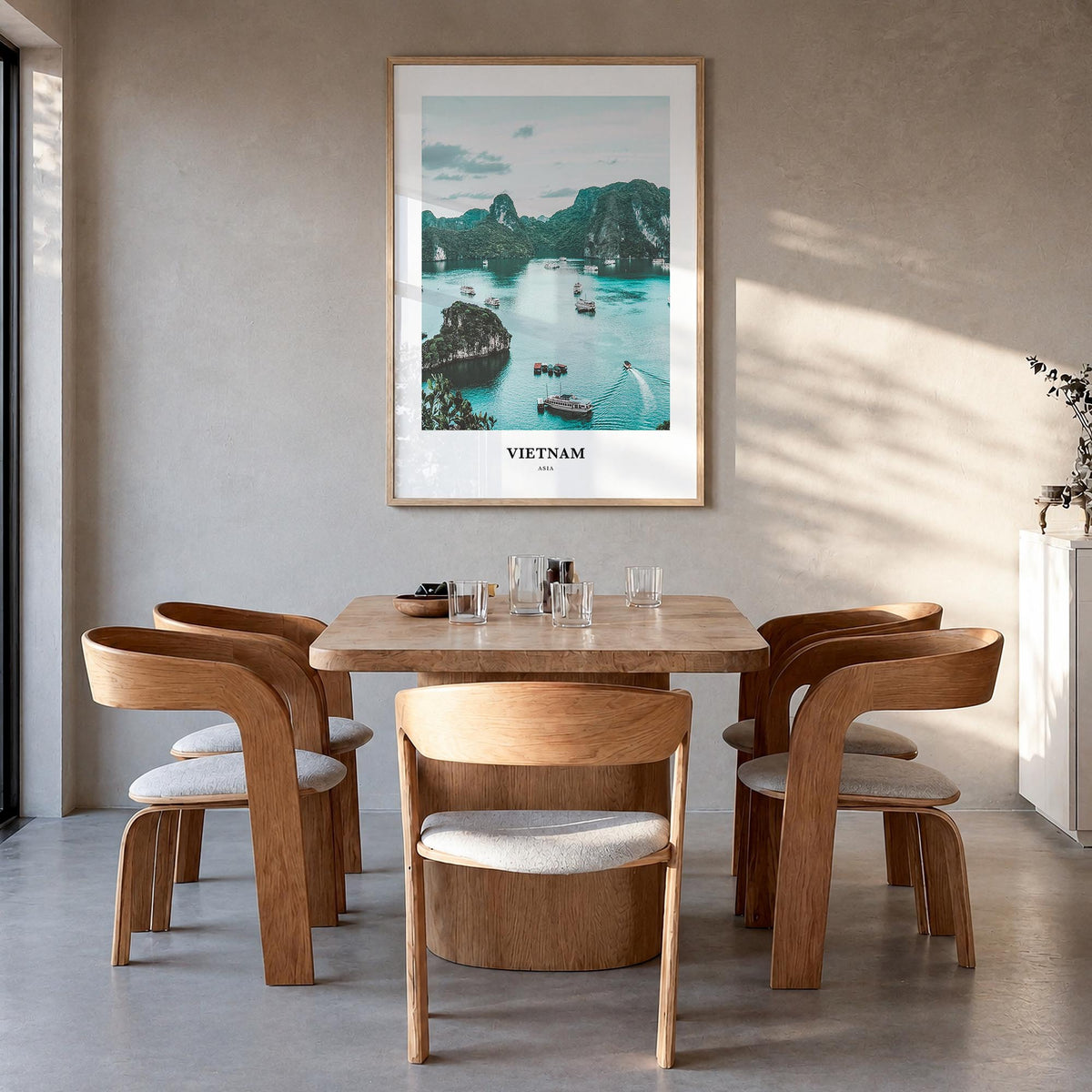 Vietnam colorful classic poster of Asia – vertical wall art in natural wood frame, hanging on wall
