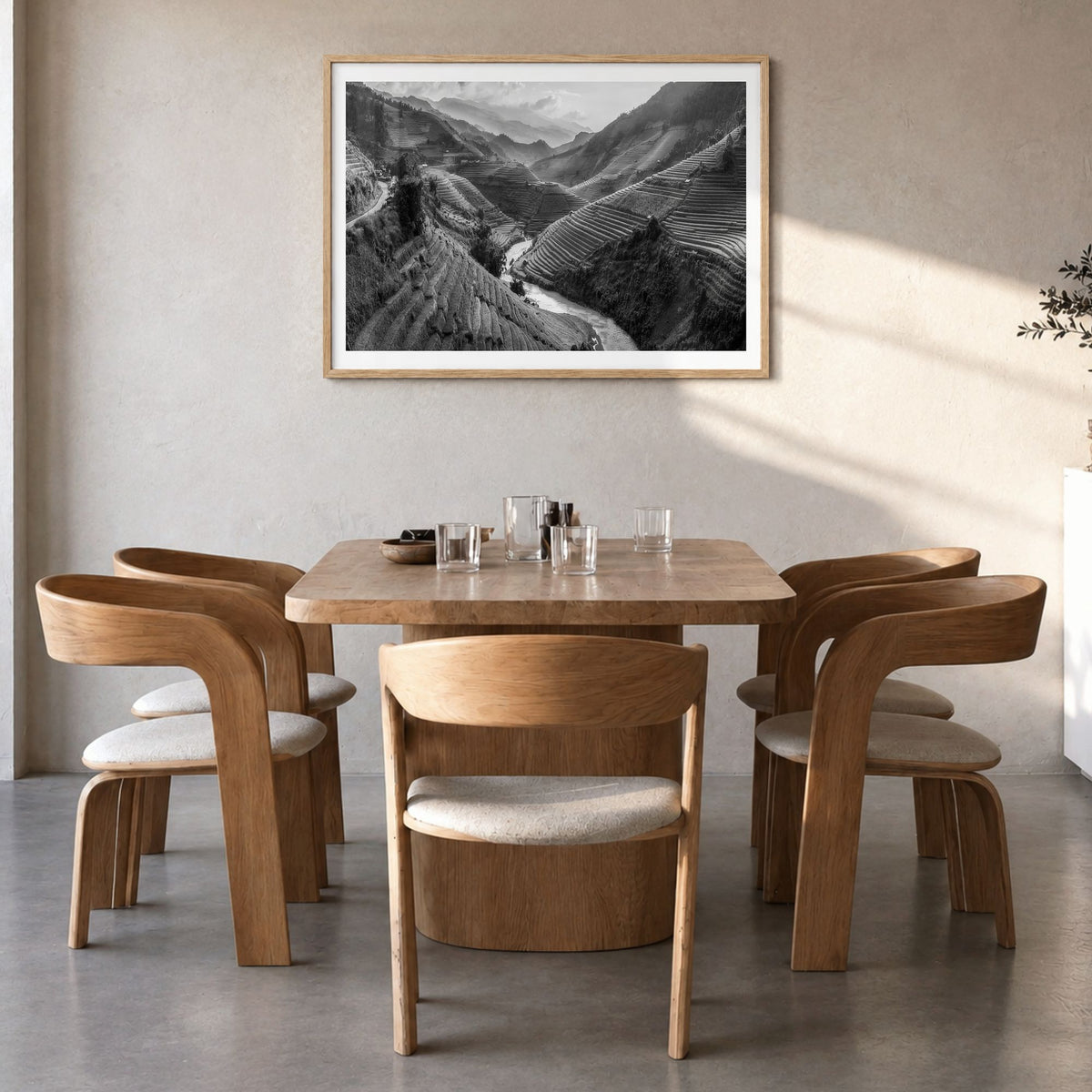 Vietnam Photo Poster in a natural wood frame, hanging in a dining room, white border