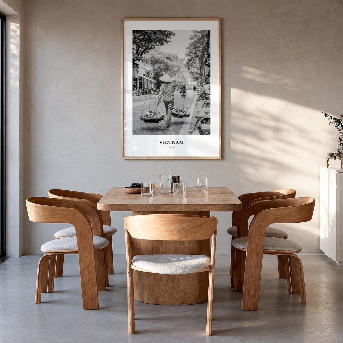 Vietnam no. 2 black & white classic poster of Asia – vertical wall art in natural wood frame, hanging on wall