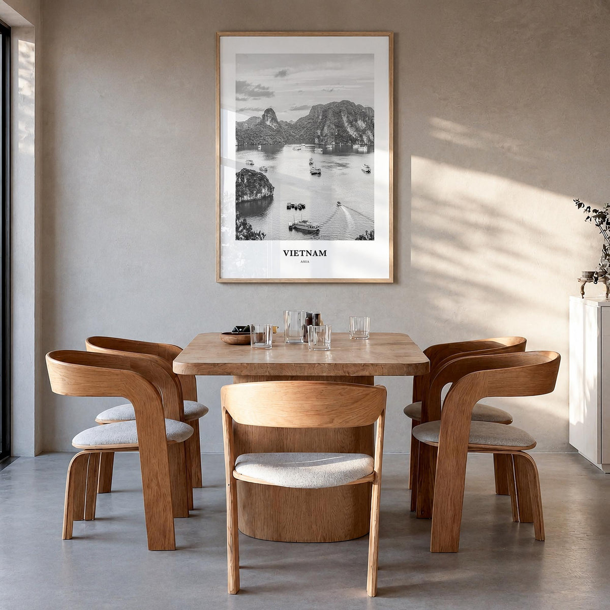 Vietnam no. 3 black & white classic poster of Asia – vertical wall art in natural wood frame, hanging on wall