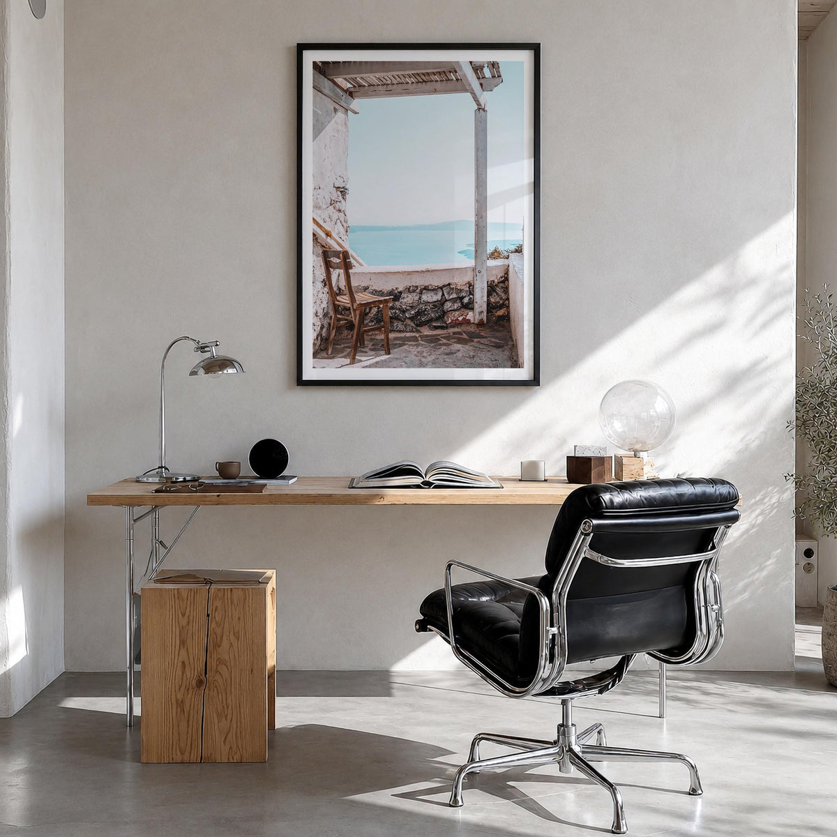 View from a Chair colorful photo poster – vertical wall art in black wood frame with white border, hanging on wall