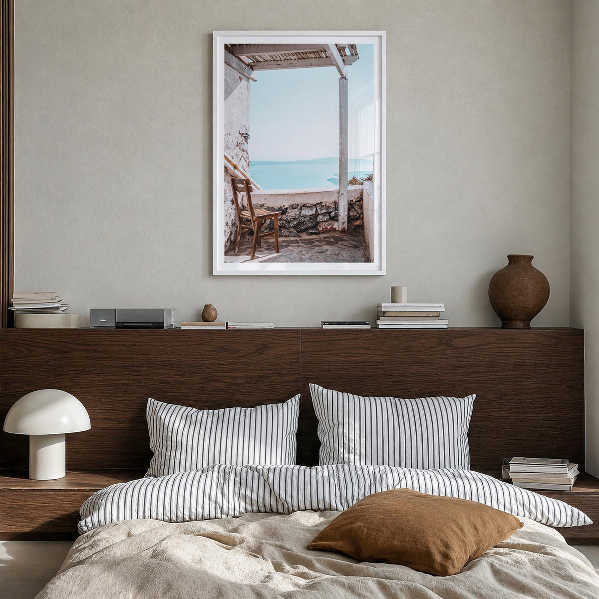 View from a Chair colorful photo poster – vertical wall art in white wood frame with white border, hanging on wall