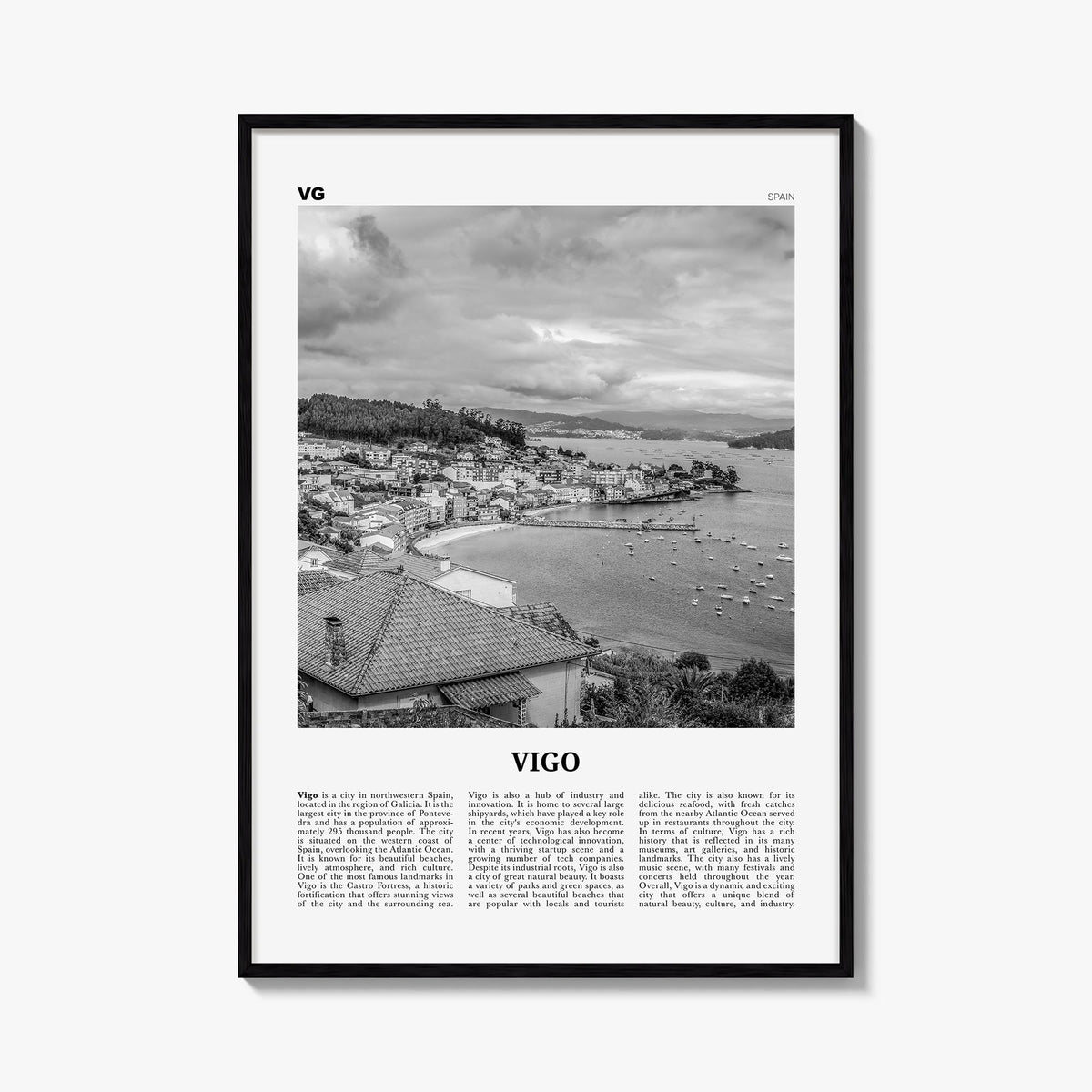 Vigo black & white newspaper poster of Spain – vertical wall art, unframed print shown in interior mockup