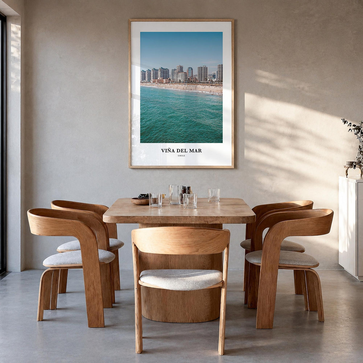 Viña del Mar colorful classic poster of Chile – vertical wall art in natural wood frame, hanging on wall