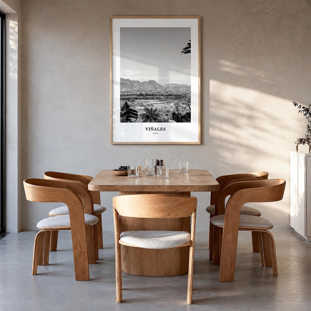Viñales black & white classic poster of Cuba – vertical wall art in natural wood frame, hanging on wall