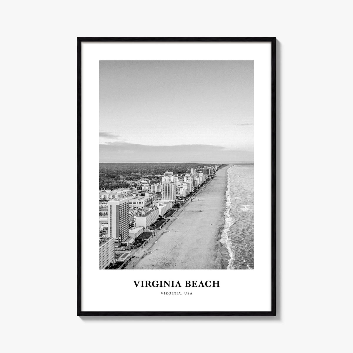 Virginia Beach black & white classic poster of Virginia, USA – vertical wall art, unframed print shown in interior mockup