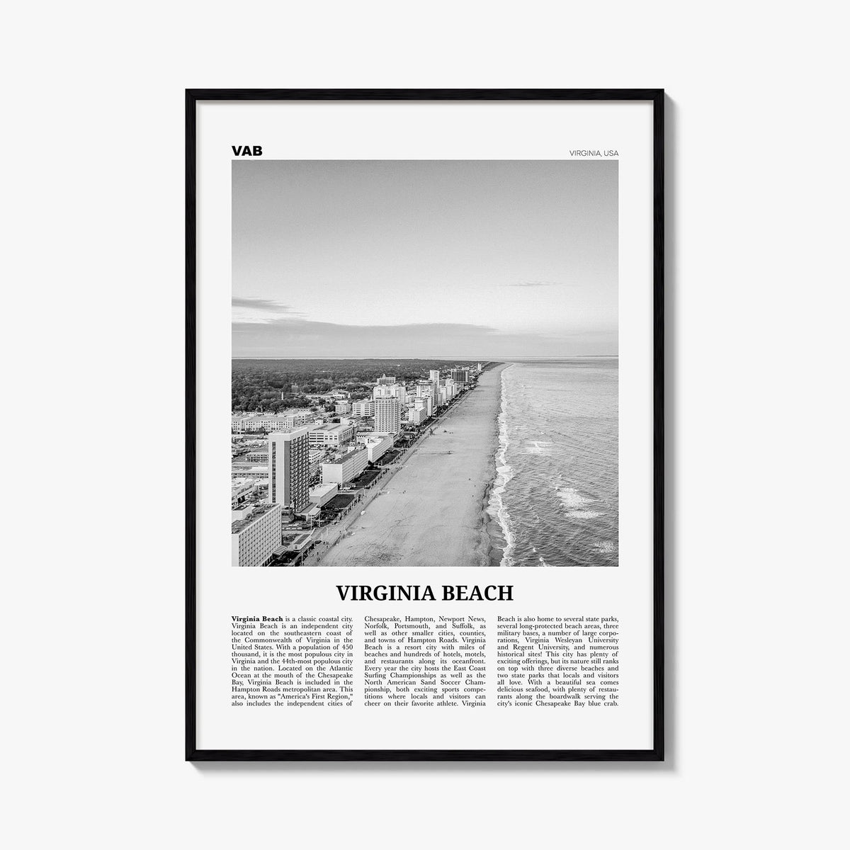 Virginia Beach black & white newspaper poster of Virginia, USA – vertical wall art, unframed print shown in interior mockup