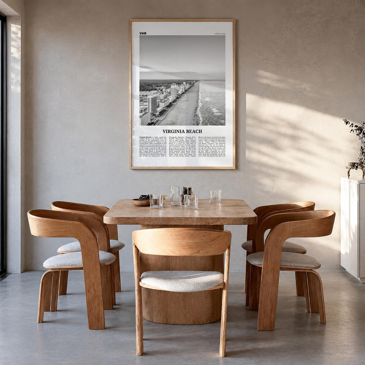 Virginia Beach black & white newspaper poster of Virginia, USA – vertical wall art in natural wood frame, hanging on wall