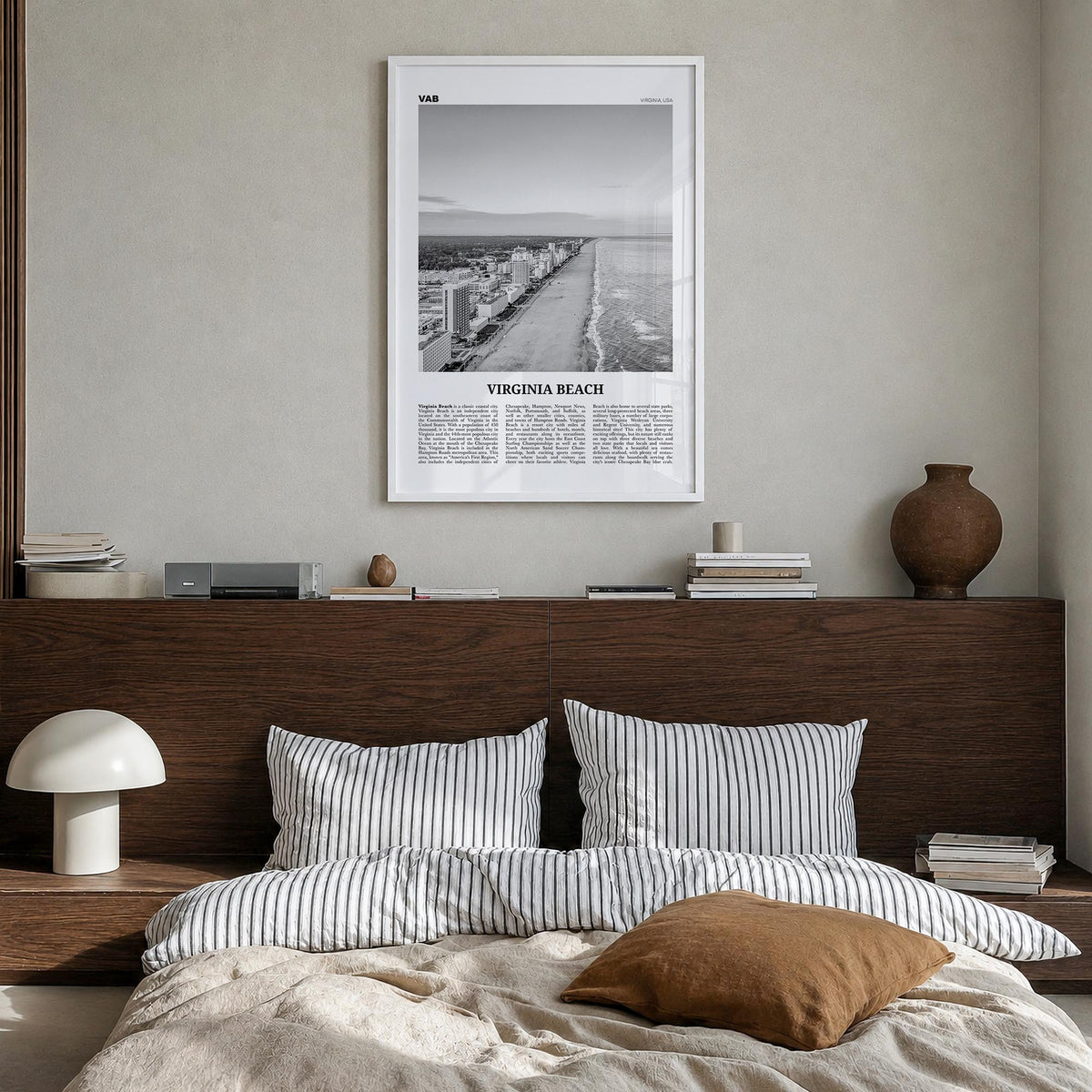 Virginia Beach black & white newspaper poster of Virginia, USA – vertical wall art in white wood frame, hanging on wall