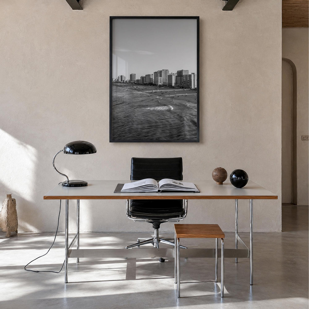 Virginia Beach black & white photo poster of Virginia, USA – vertical wall art in black wood frame, hanging on wall