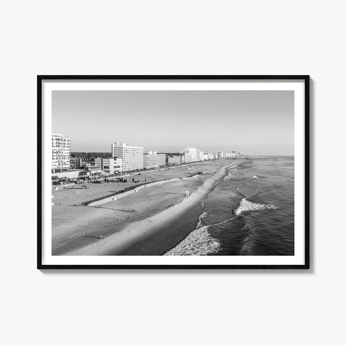Virginia Beach black & white photo poster of Virginia, USA – horizontal wall art, unframed print shown in interior mockup