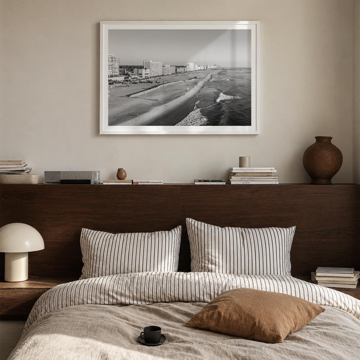 Virginia Beach black & white photo poster of Virginia, USA – horizontal wall art in white wood frame with white border, hangi