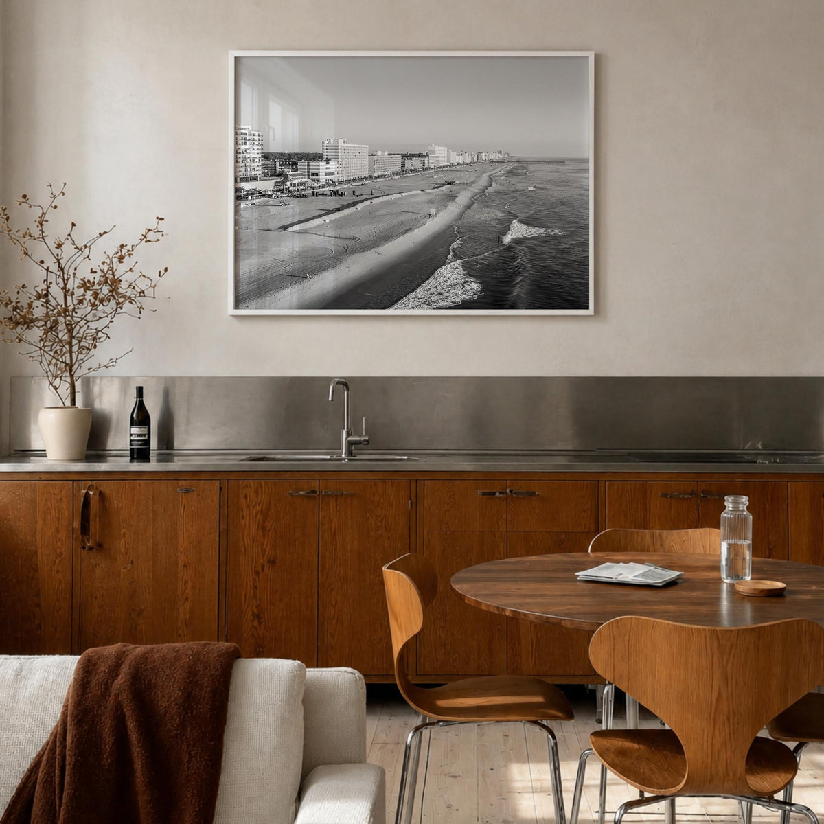 Virginia Beach black & white photo poster of Virginia, USA – horizontal wall art in white wood frame, hanging on wall