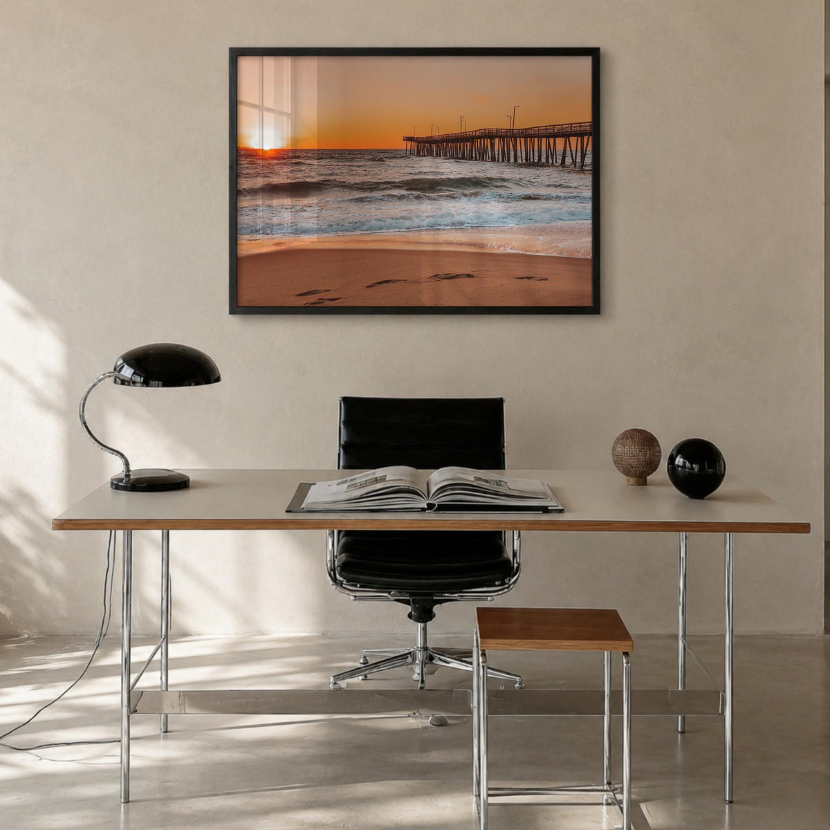 Virginia Beach colorful photo poster of Virginia, USA – horizontal wall art in black wood frame, hanging on wall